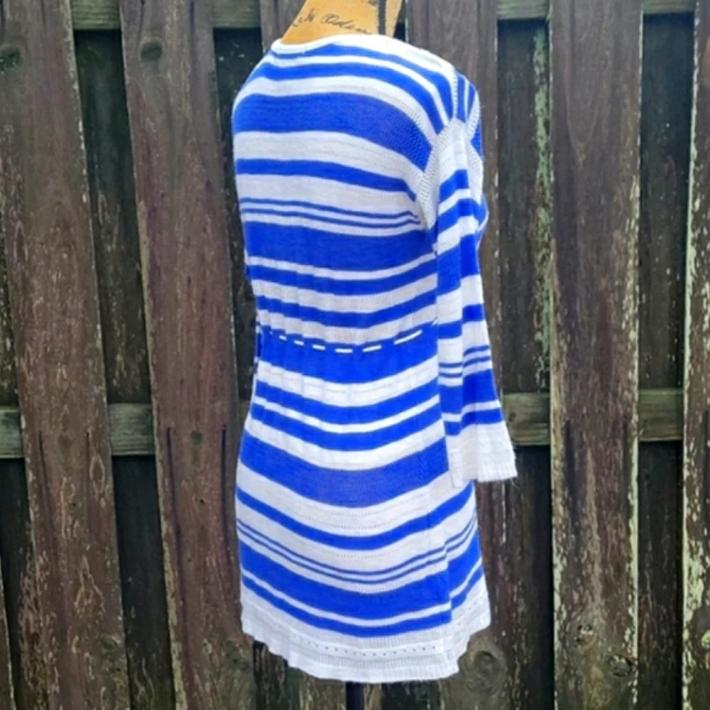 Motherhood Maternity Striped Babydoll Pointelle Sweater with Drawstring Tie